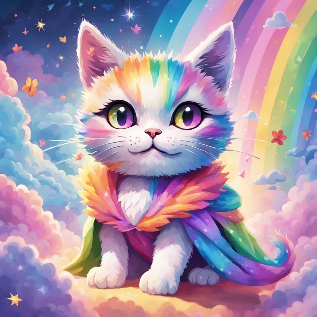 Kawaii Rainbow Over Sleeping Cat with Pastel Clouds