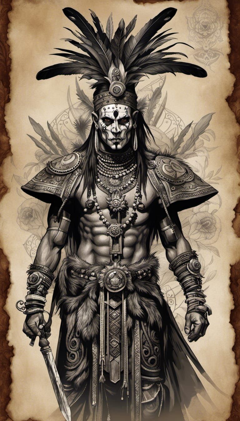 Sketch of Witch Doctor with ceremonial dagger on collage v.1