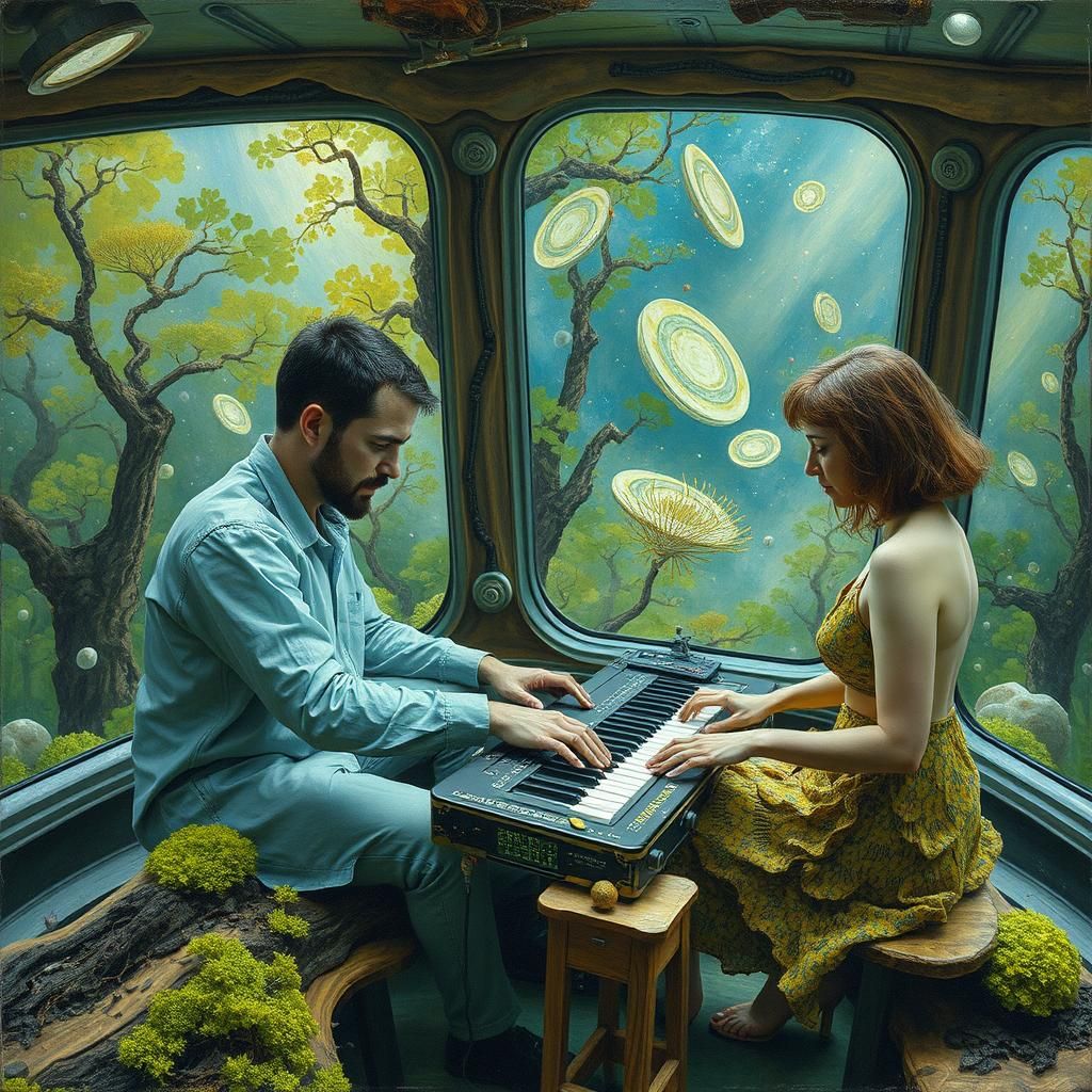 Surreal Poem Composition on a Starship, Oil Painting