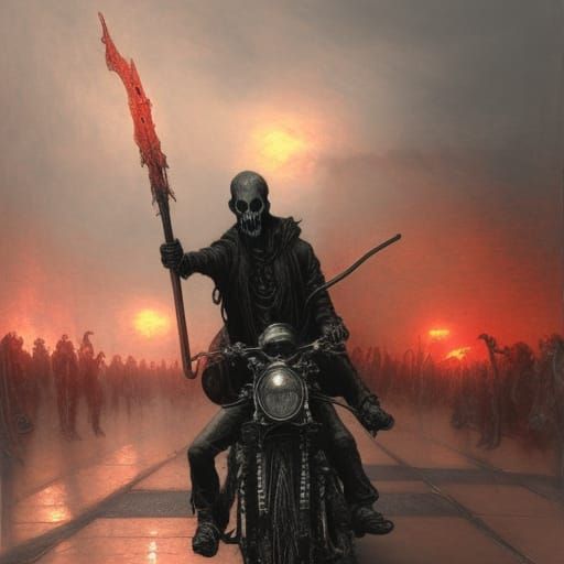 Skull grim reaper riding motorcycle in hell road