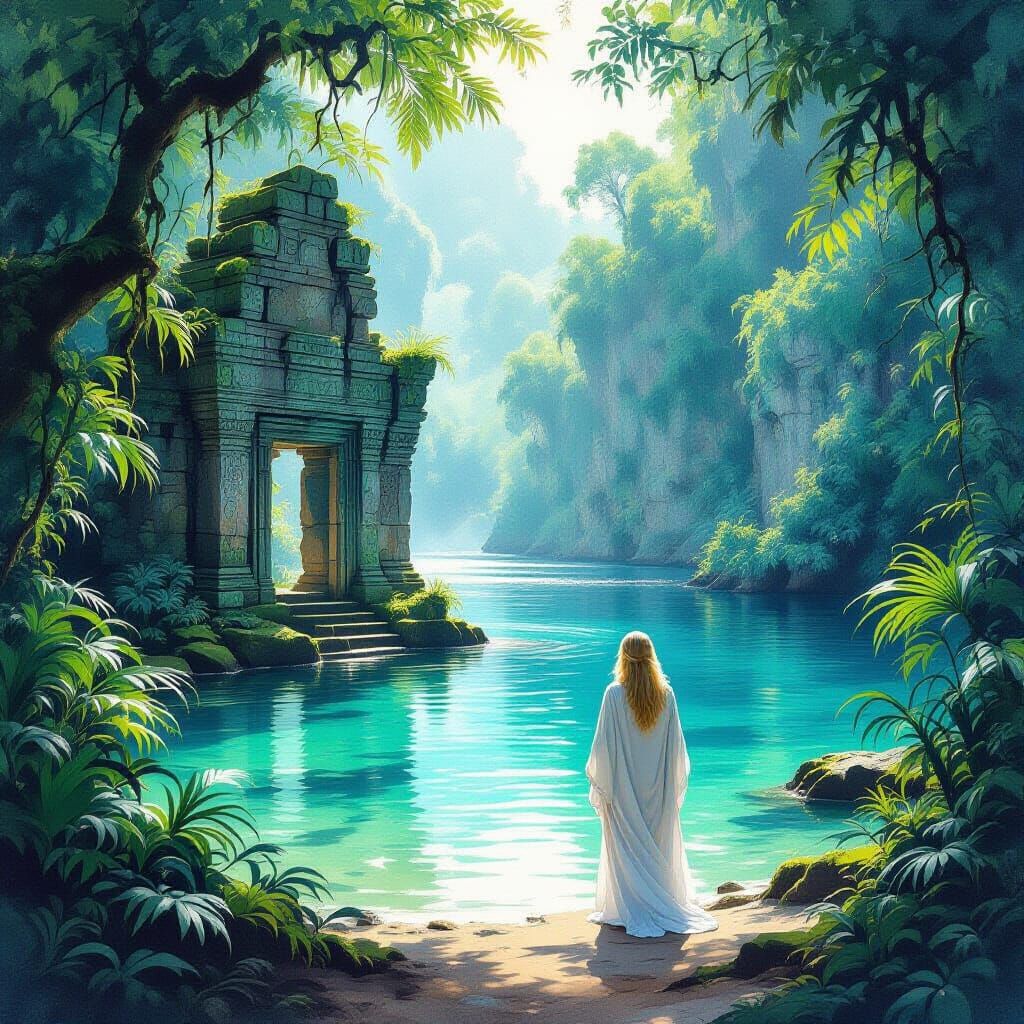 Ethereal Watercolor of Ruin in Jungle Lagoon