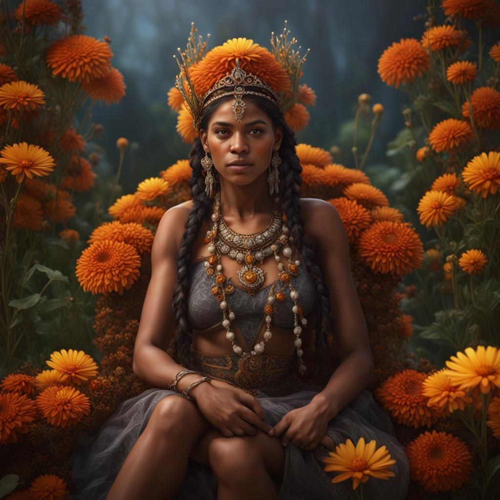 Amerindian Woman on Flower Throne: Detailed Matte Painting