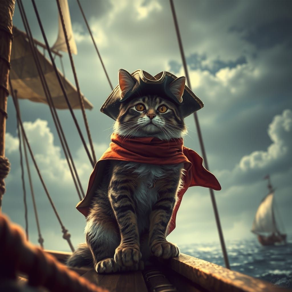 Angora Cat Pirate on Ship in Sci-Fi Style