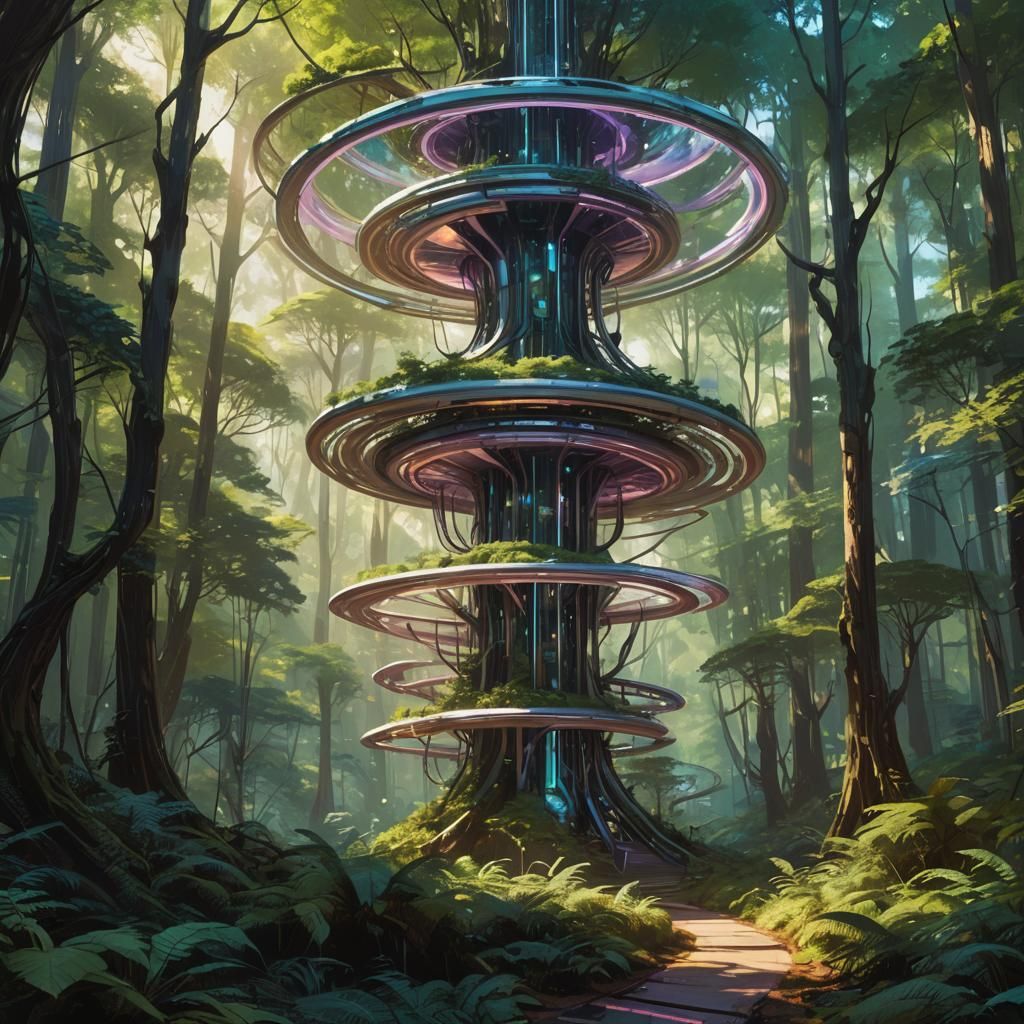 Futuristic Whirlyspire Amidst Lush Forest, Concept Art