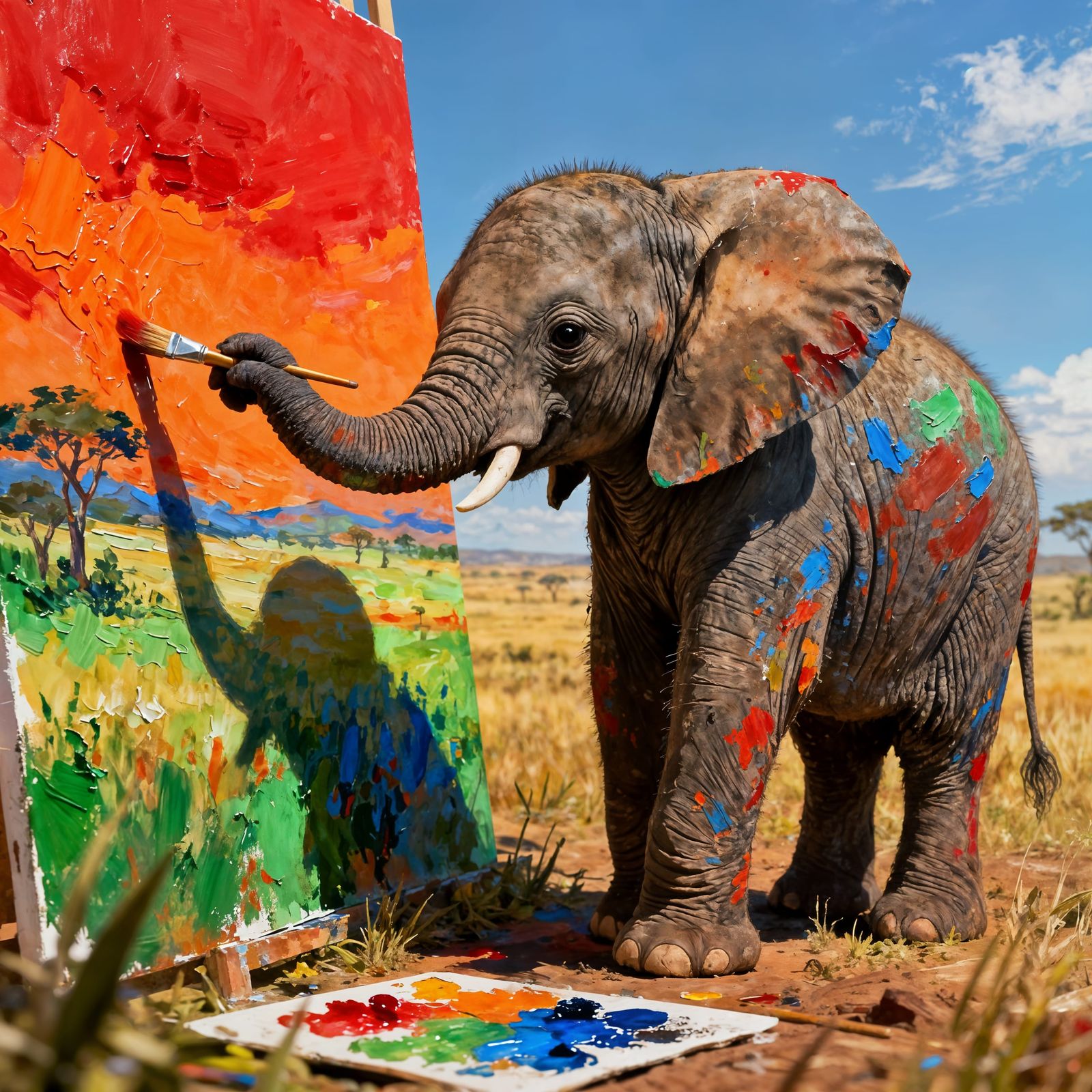 Baby Elephant Paints Savanna Scene in Matte Painting Style
