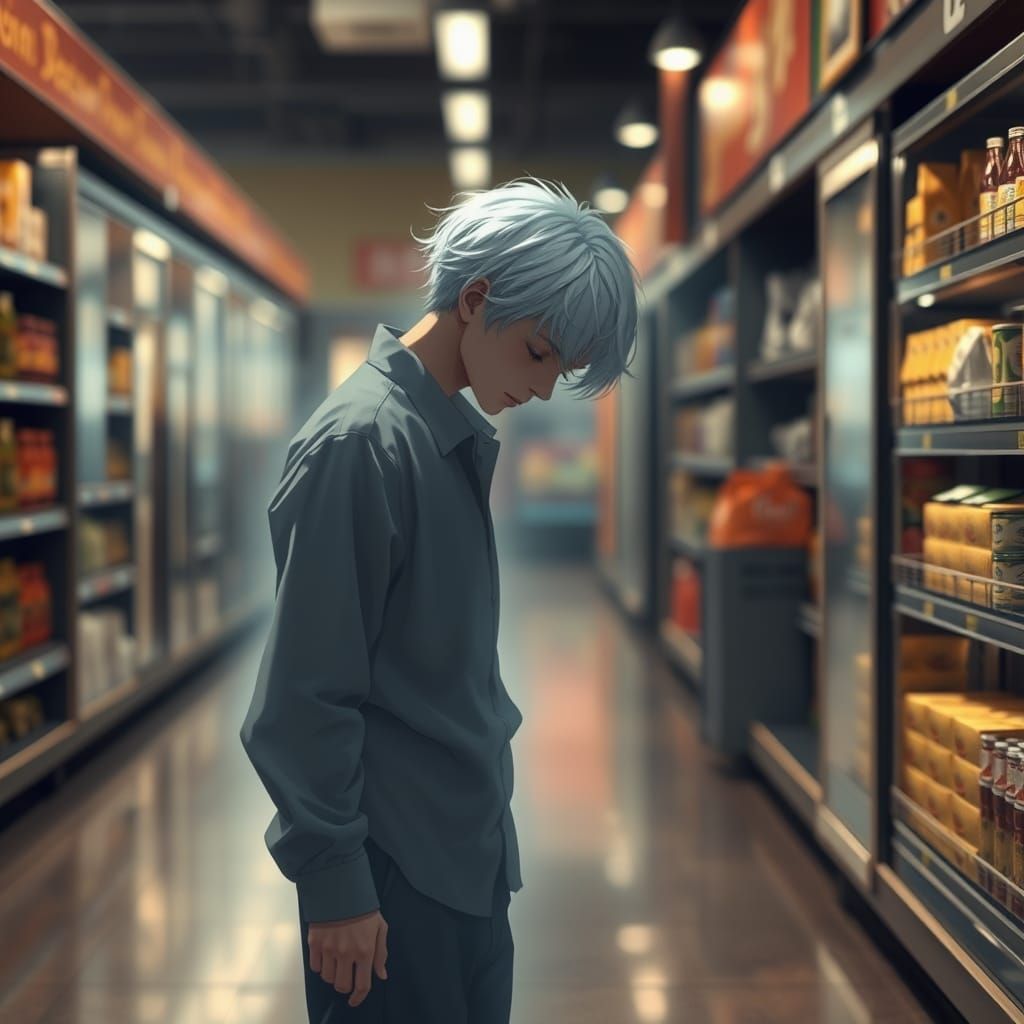 Lonely Anime Man in Abandoned Grocery Store