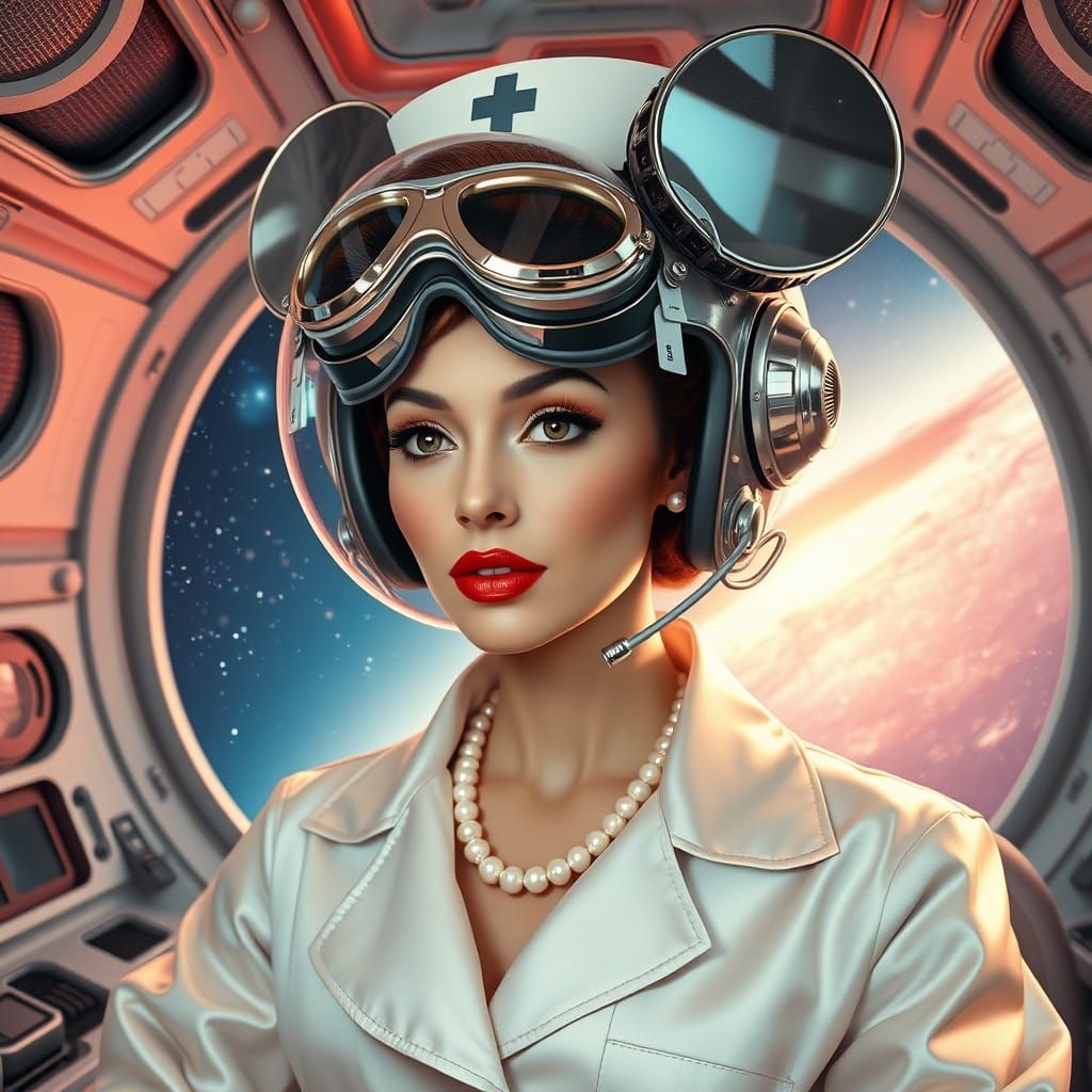 Nostalgic Futuristic Nurse in a Retro Sci-Fi Space Ship