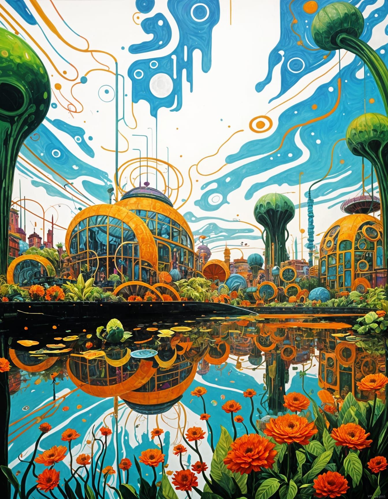 Retrofuturistic Greenhouse City with Vibrant Flora