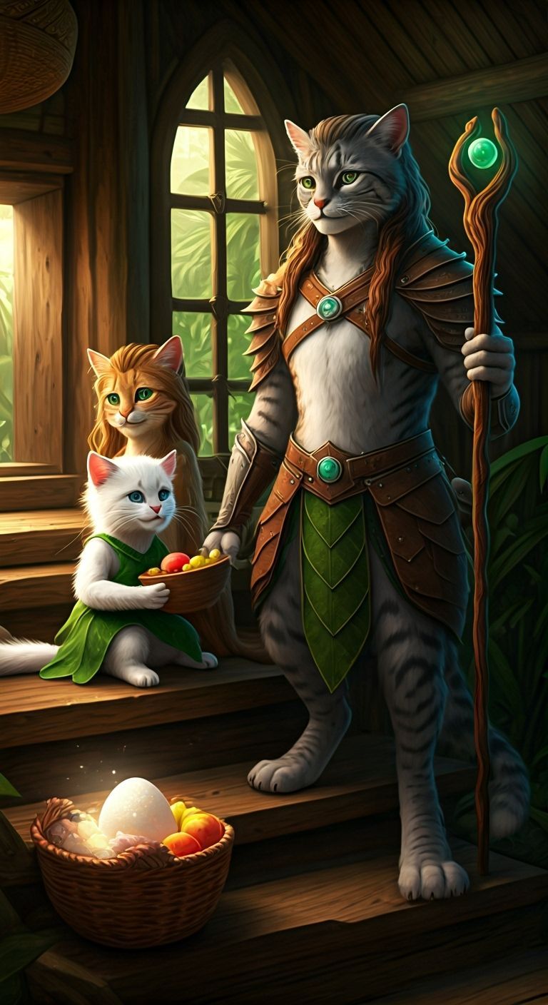 Humanoid Cat Family in Cozy Jungle Home