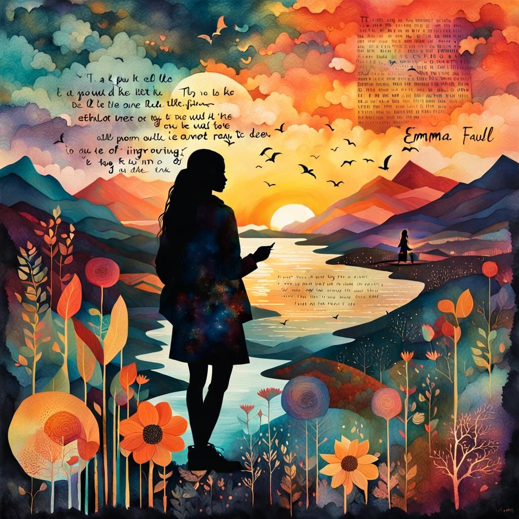 Inspirational Collage with Sunset Silhouette, Surreal Photog...