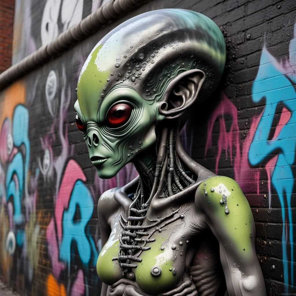 Graffiti-Style Alien Portrait in Urban Scene