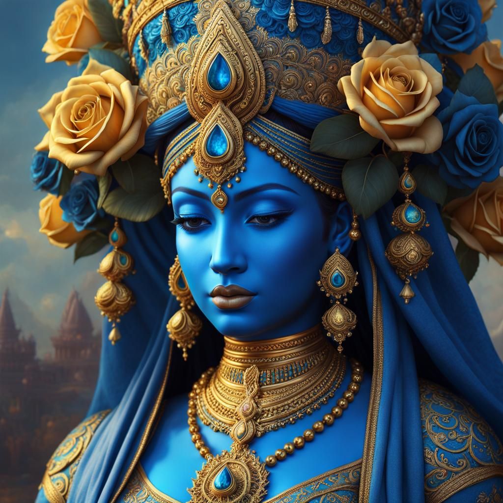 Blue Hindu Goddess with Gold Roses