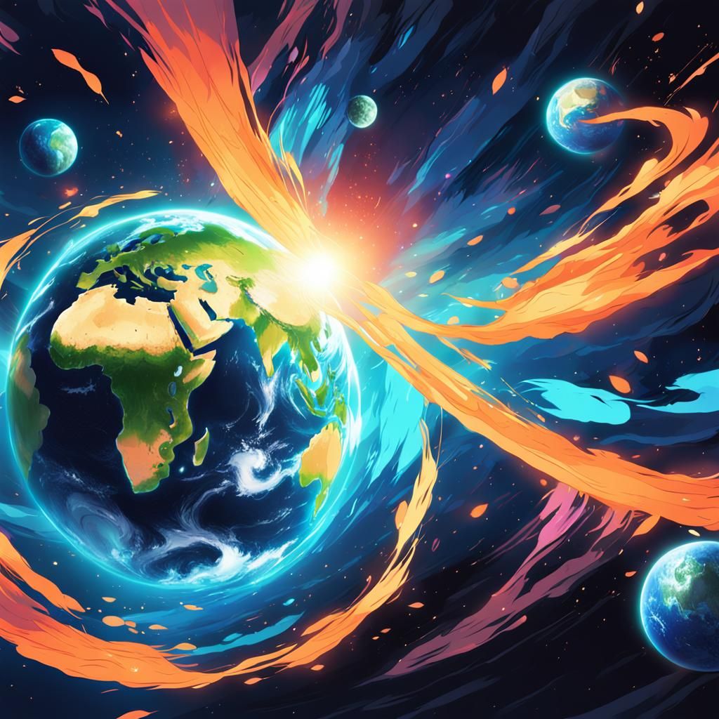 Vibrant Earth with Ethereal Shroud in Anime Style