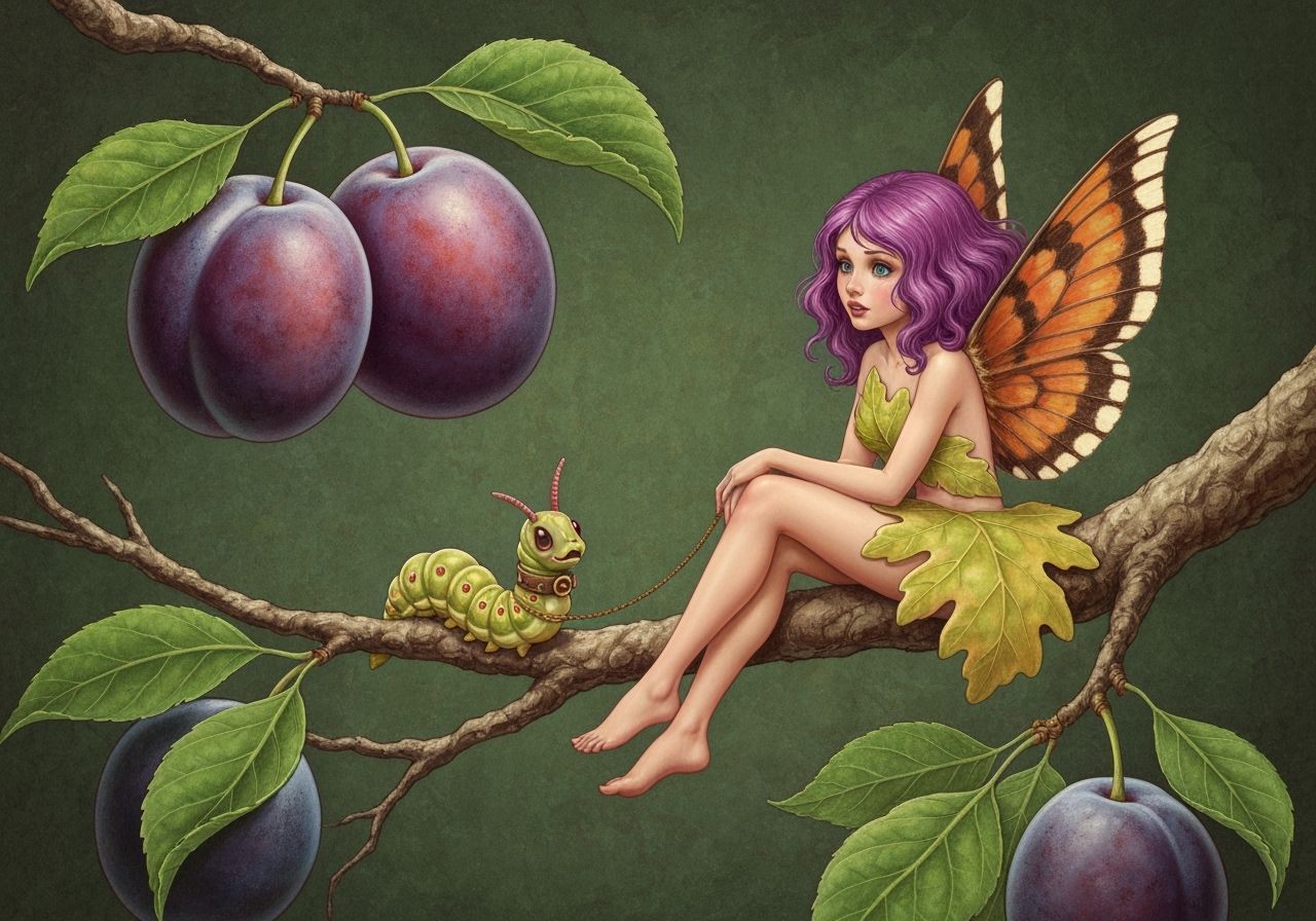 Pixie Girl with Moth Wings on Branch with Plums