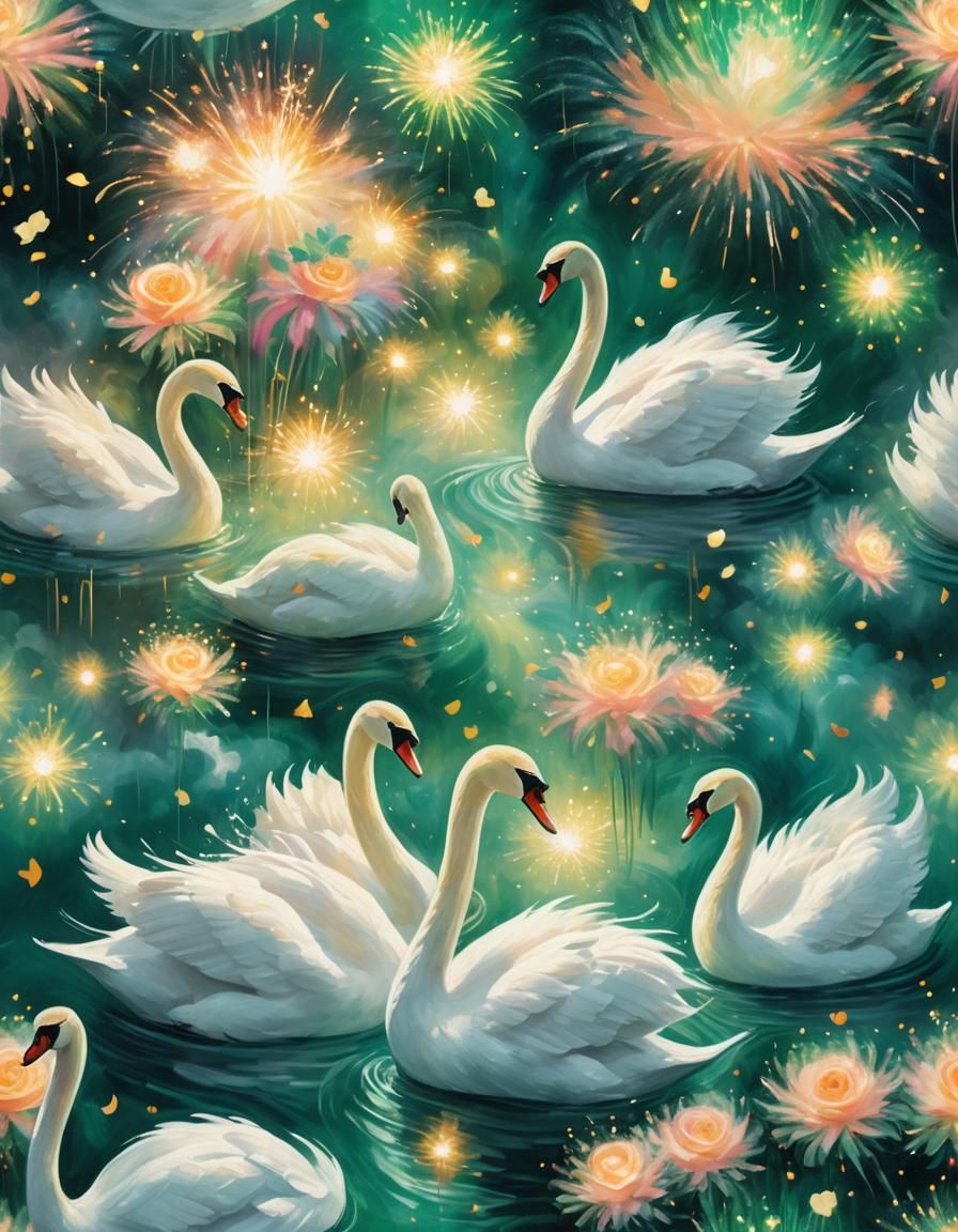 Swans and Emerald Hearts in Magical Fireworks Display