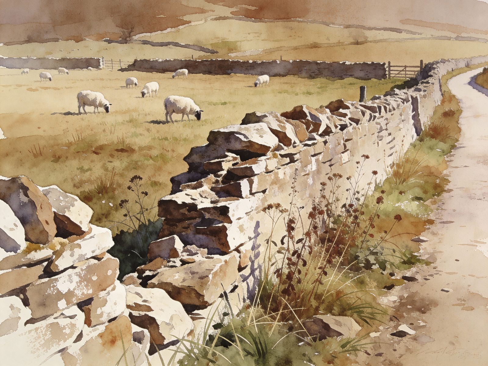 Vintage Farm Path with Sheep in Muted Watercolor