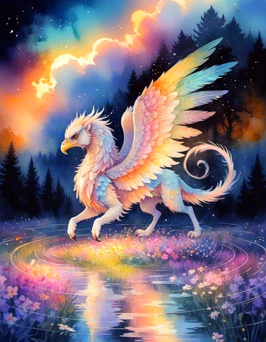 Griffin in Flower Meadow: Watercolor Fantasy Illustration