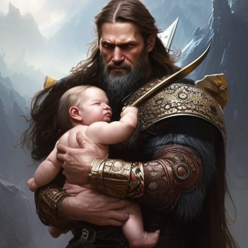 Viking warrior with his baby.