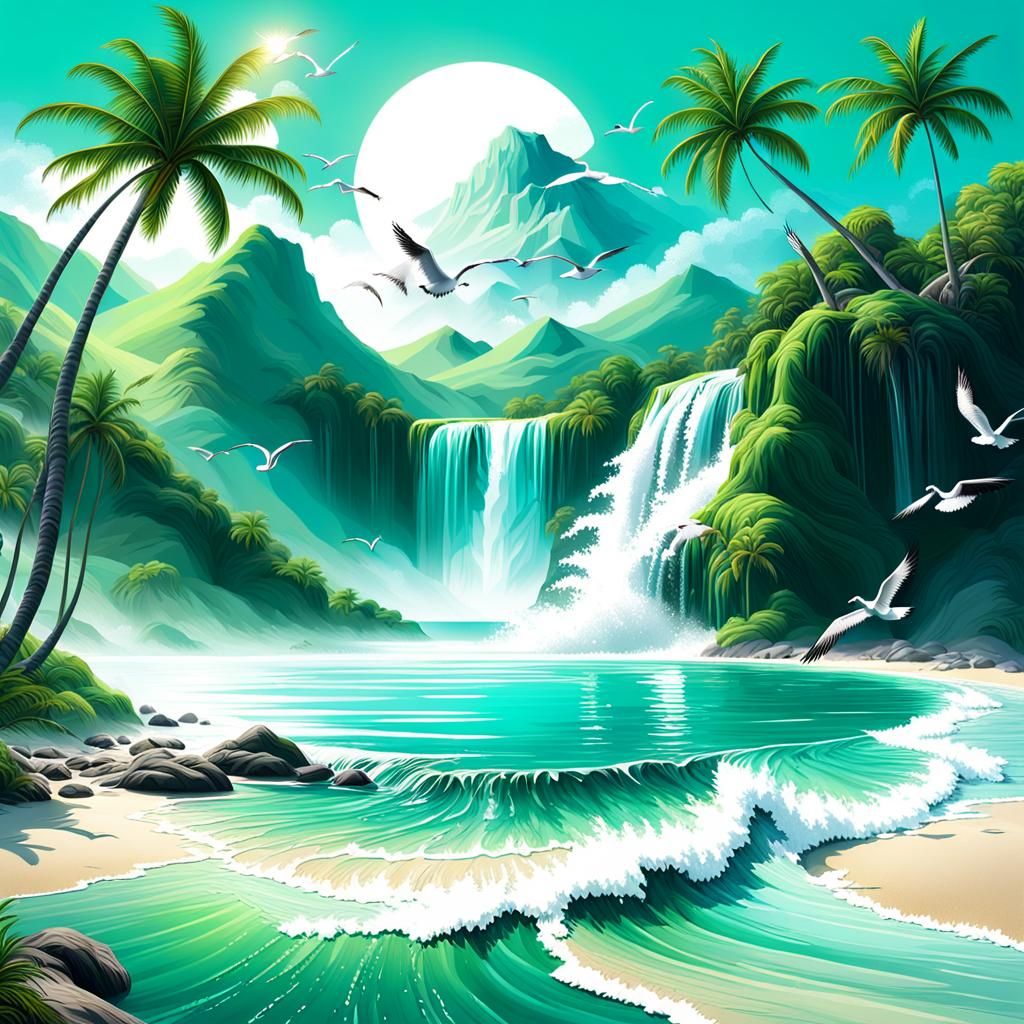 Turquoise Waterfall on Circular Beach in 3D Style