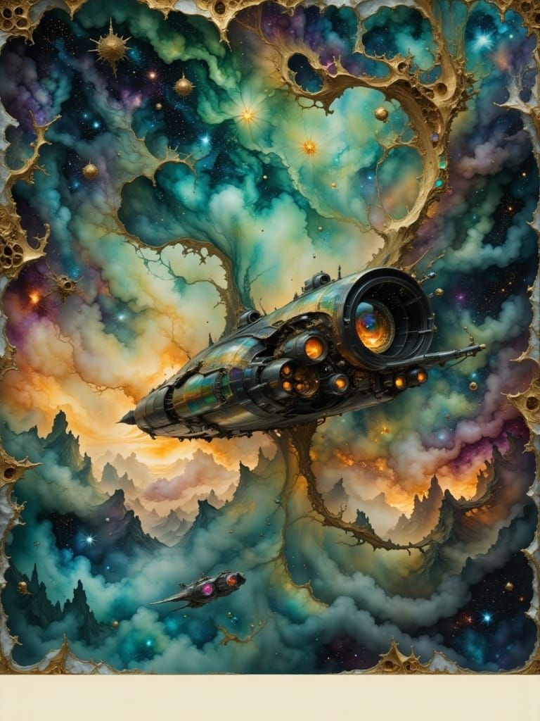 Cosmic Explorer Departs Vibrant Galaxy in Dystopian Landscap...