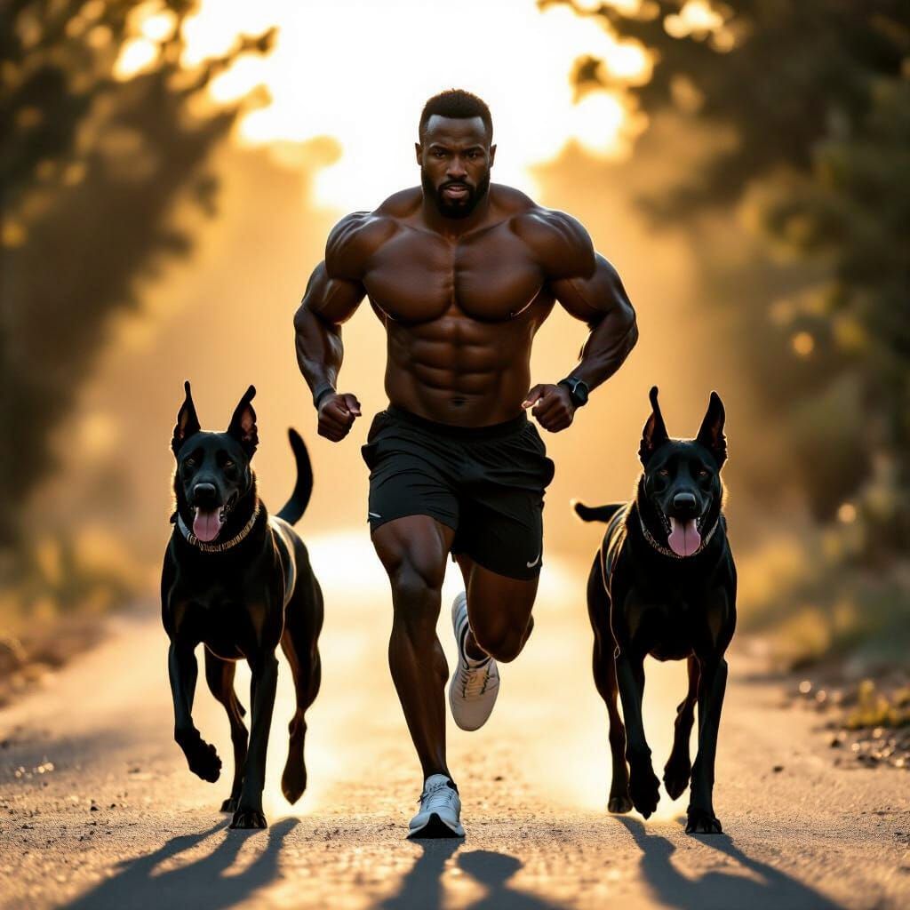 Muscular Man Jogging with Dobermans in Sunlight