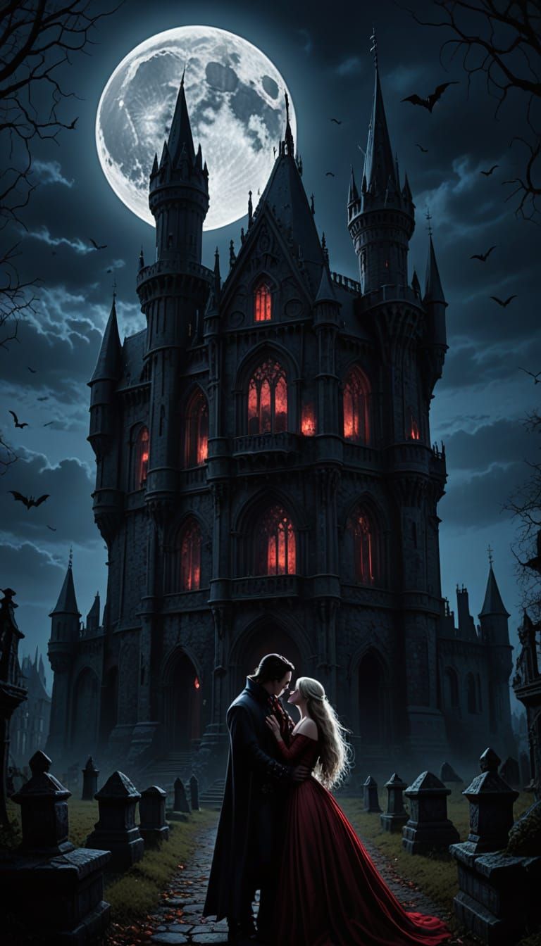 Ethereal Vampire Couple in Crimson Moonlit Gothic Ruins