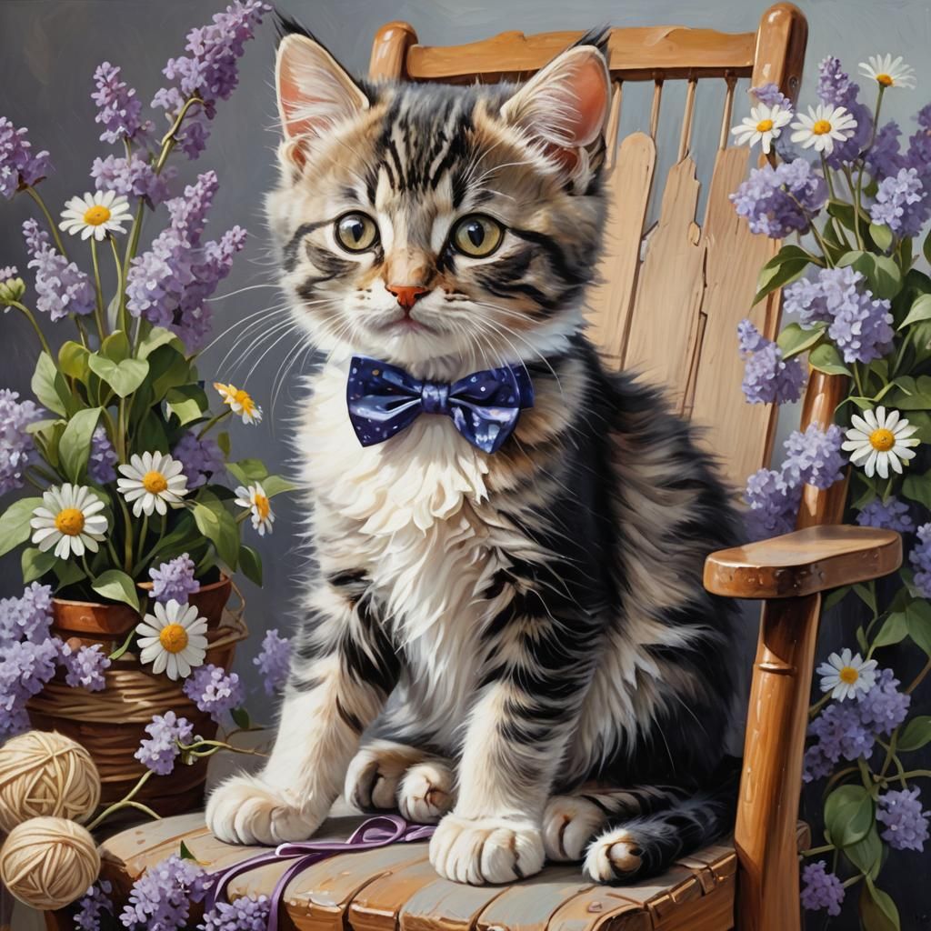 Cyborg Kitten in Floral Paradise: An Oil Painting