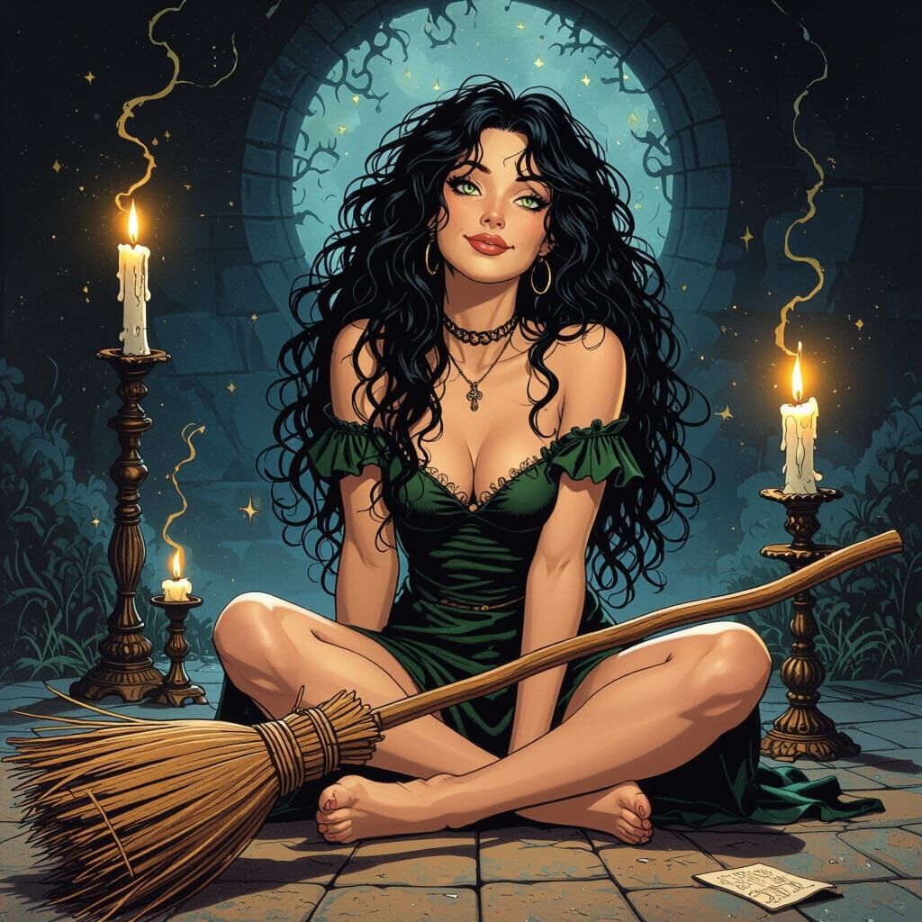 Witch with Self-Operating Broom in Candlelit Darkness