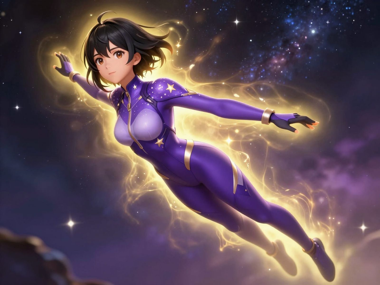Thai Woman in Star Suit Flying Through Nebula
