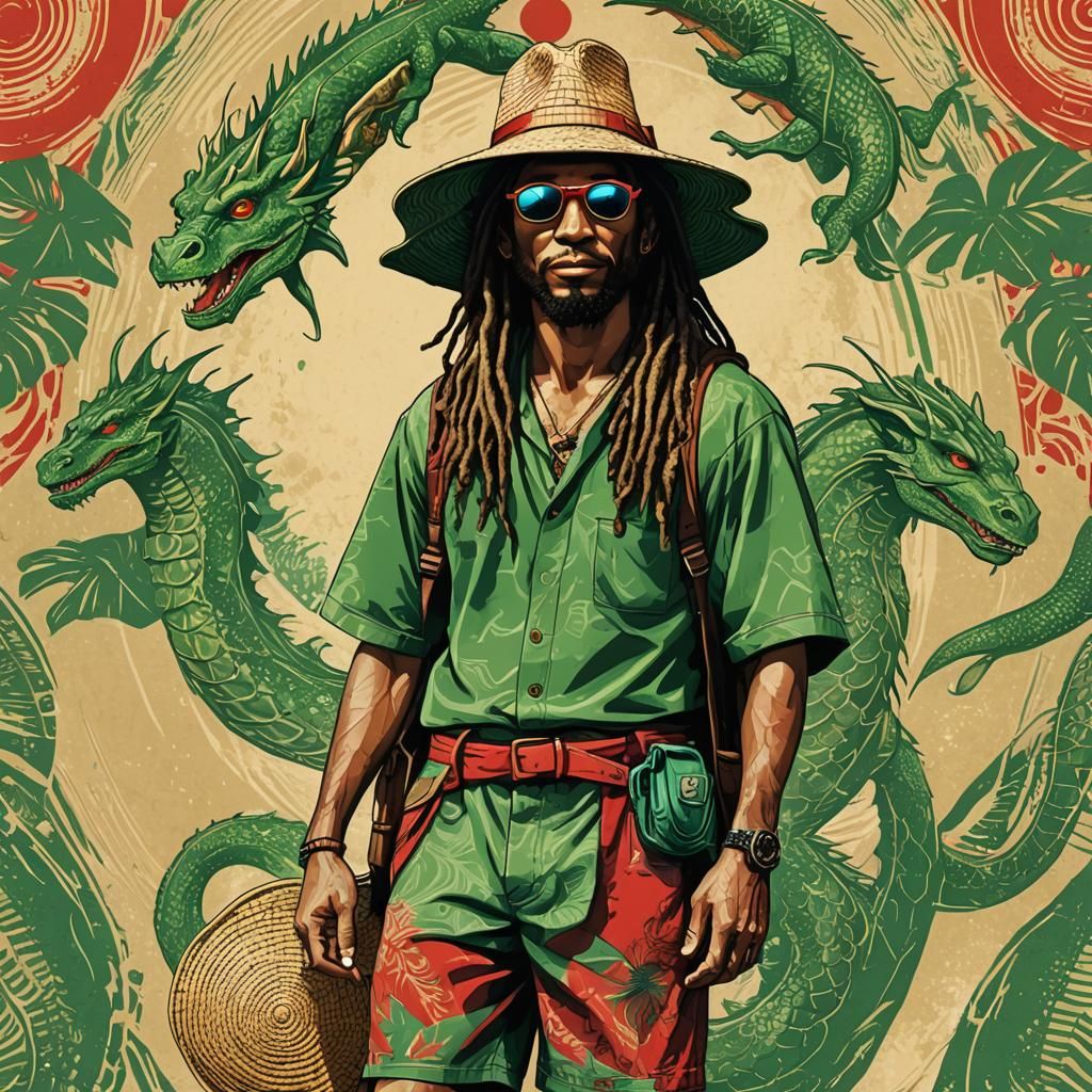 Laid-back Dragonborn Surfer in Pop Art Style