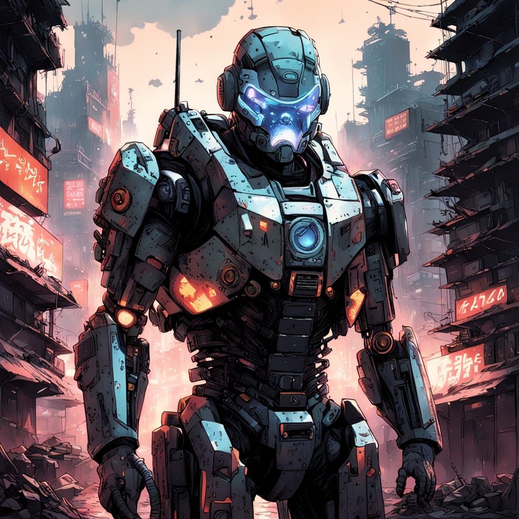 Cyberpunk Soldier in Desolate Dystopian Landscape