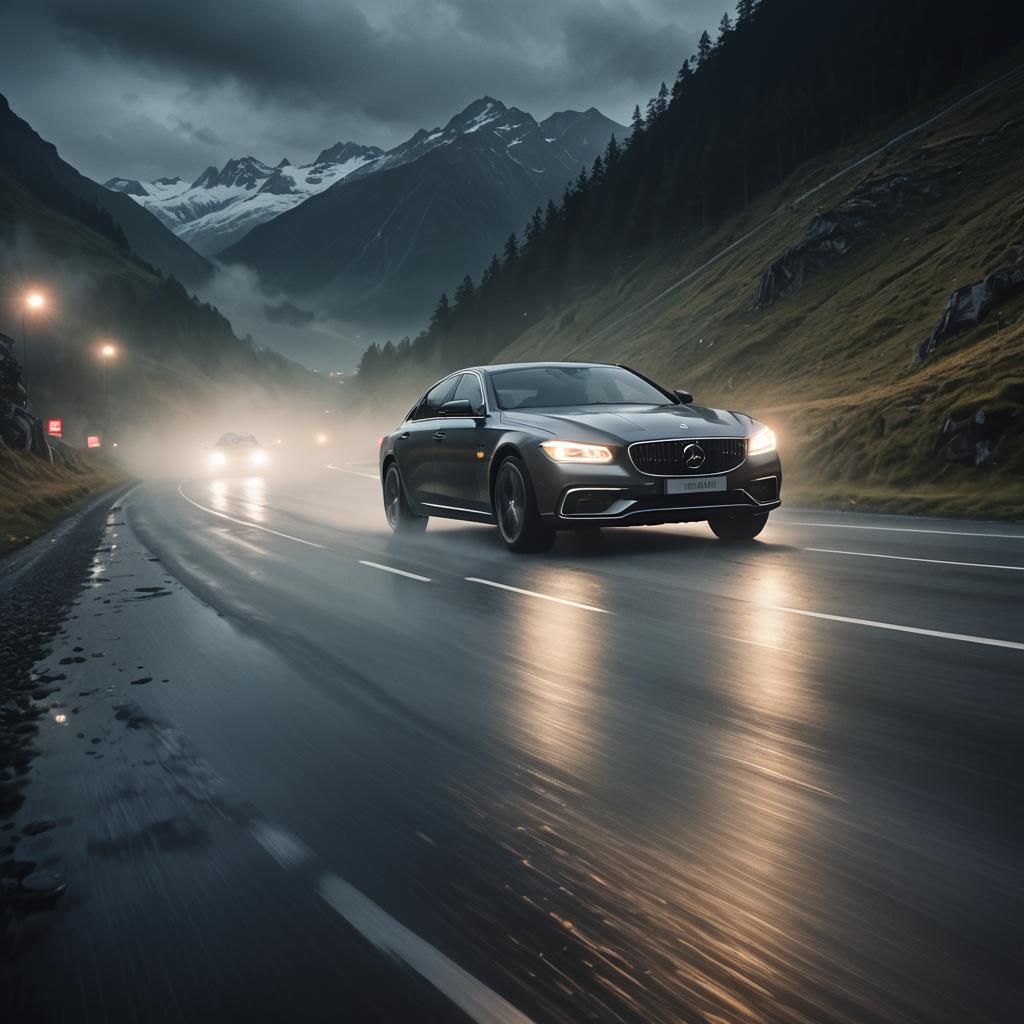 Luxury Car Speeding Through Misty Swiss Road