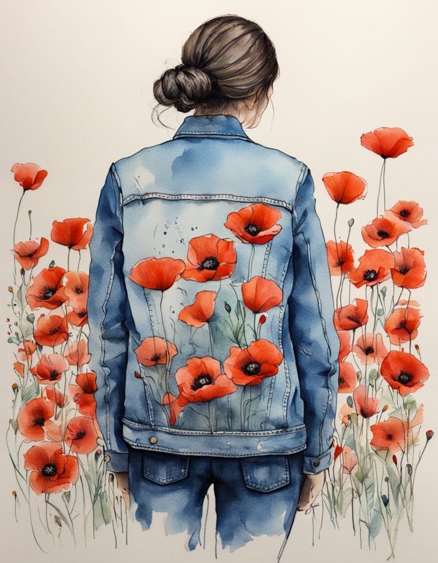Woman in Blue Denim Jacket with Poppy Embroidery in Pastel W...