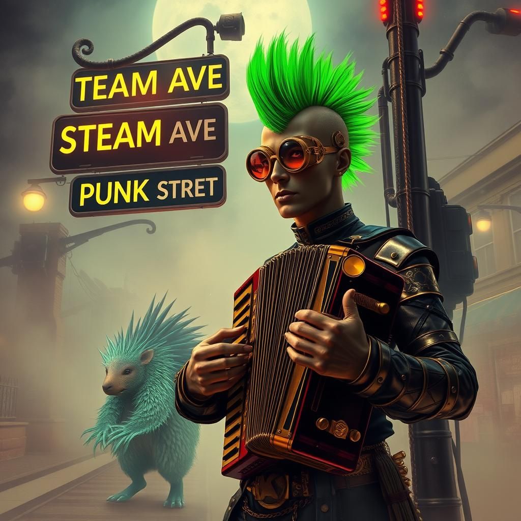Steampunk Accordion Player in Misty Metropolis