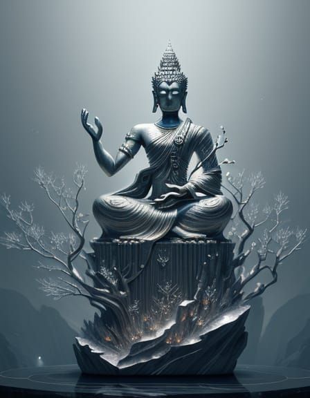 Surreal Buddha Dragon Heart Statue in Ethereal Glow