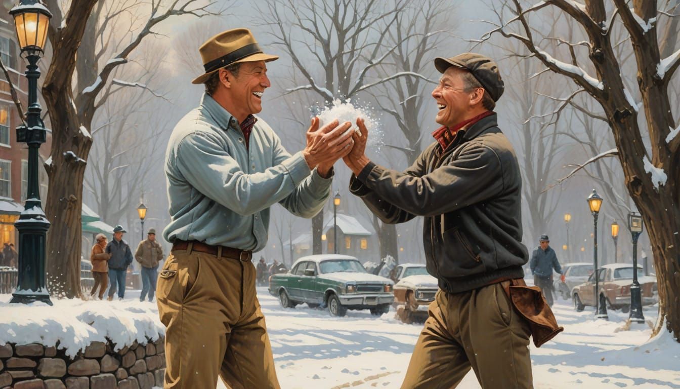 Charming Winter Snowball Fight in Oil Painting Style