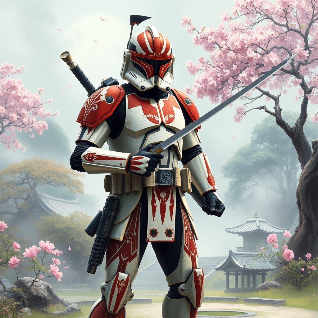 Futuristic Samurai Clone Trooper in Misty Japanese Garden