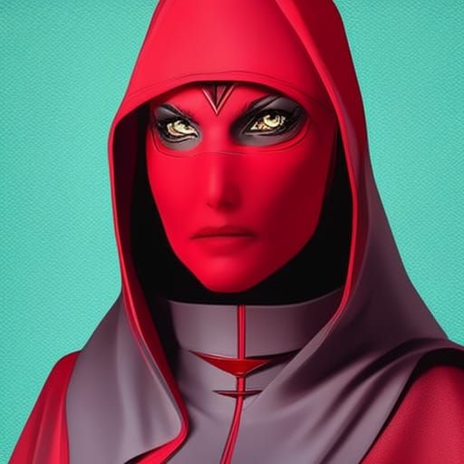 Eerie Nun in Red Hood with Electric Eyes