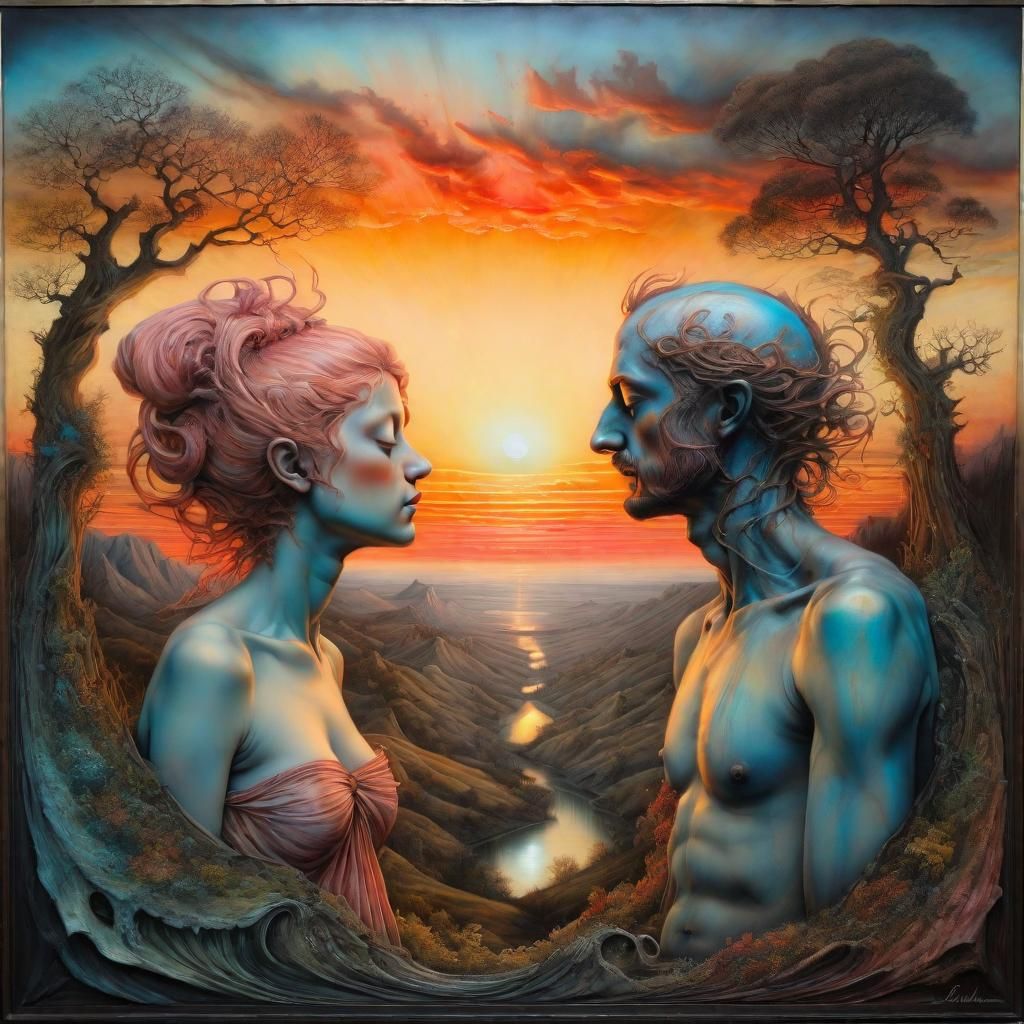 Landscape sunset inspired by Rudolf Hausner, gustave dore and marco mazzoni, [sculpture] and [hyperrealism], unknown art...