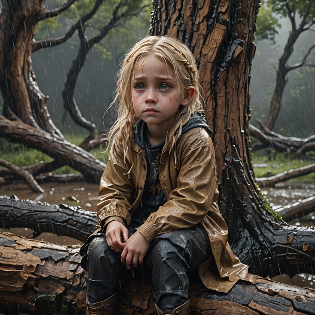 Sad Girl in Rain: Detailed Matte Painting
