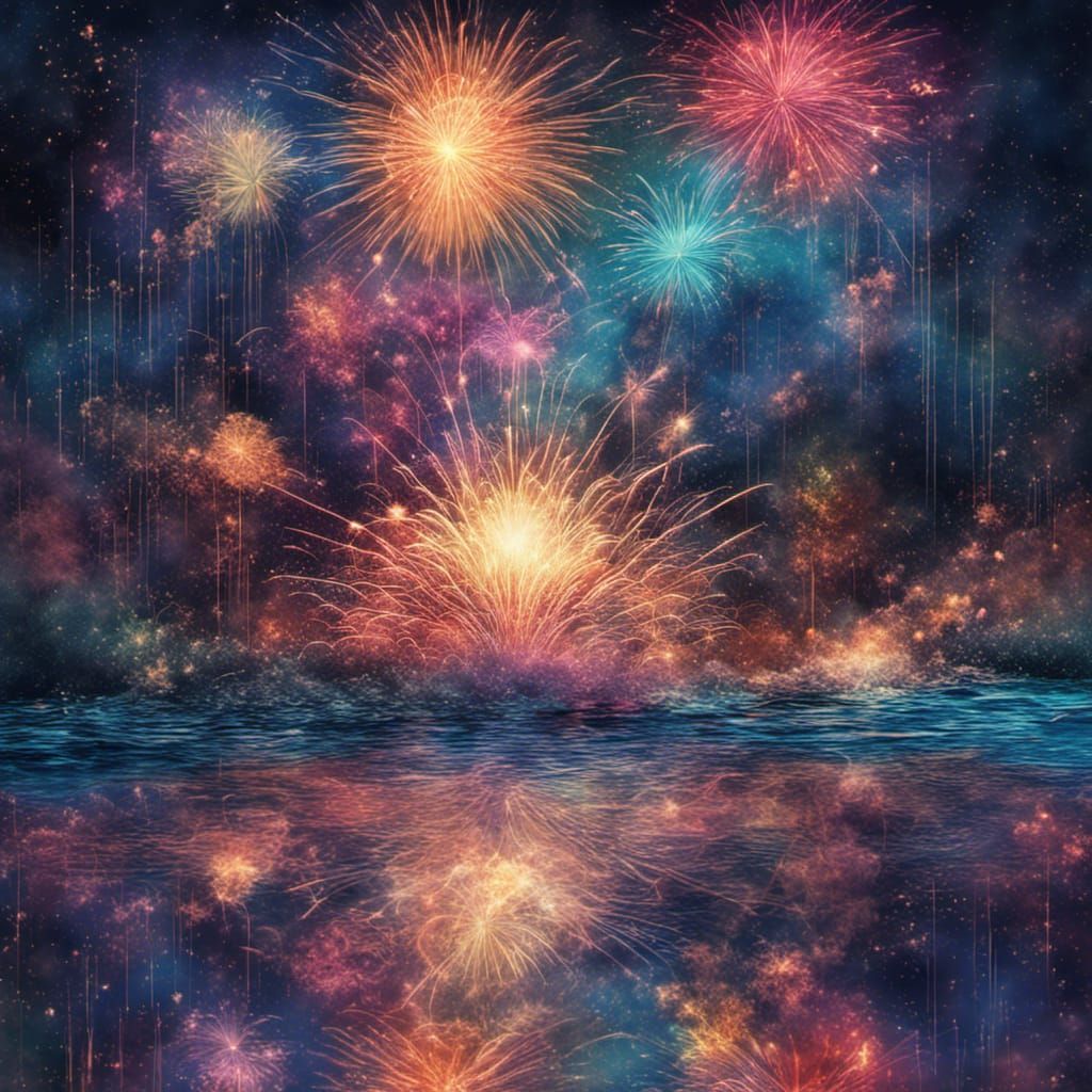 Fireworks Reflected: Holographic Cosmic Astral Illustration