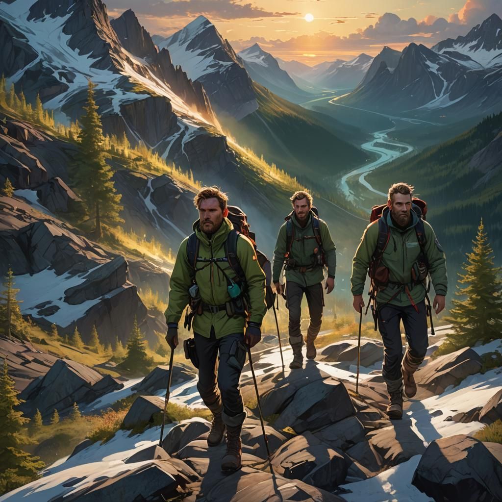 Hikers Ascending Mountain at Sunset with Northern Lights