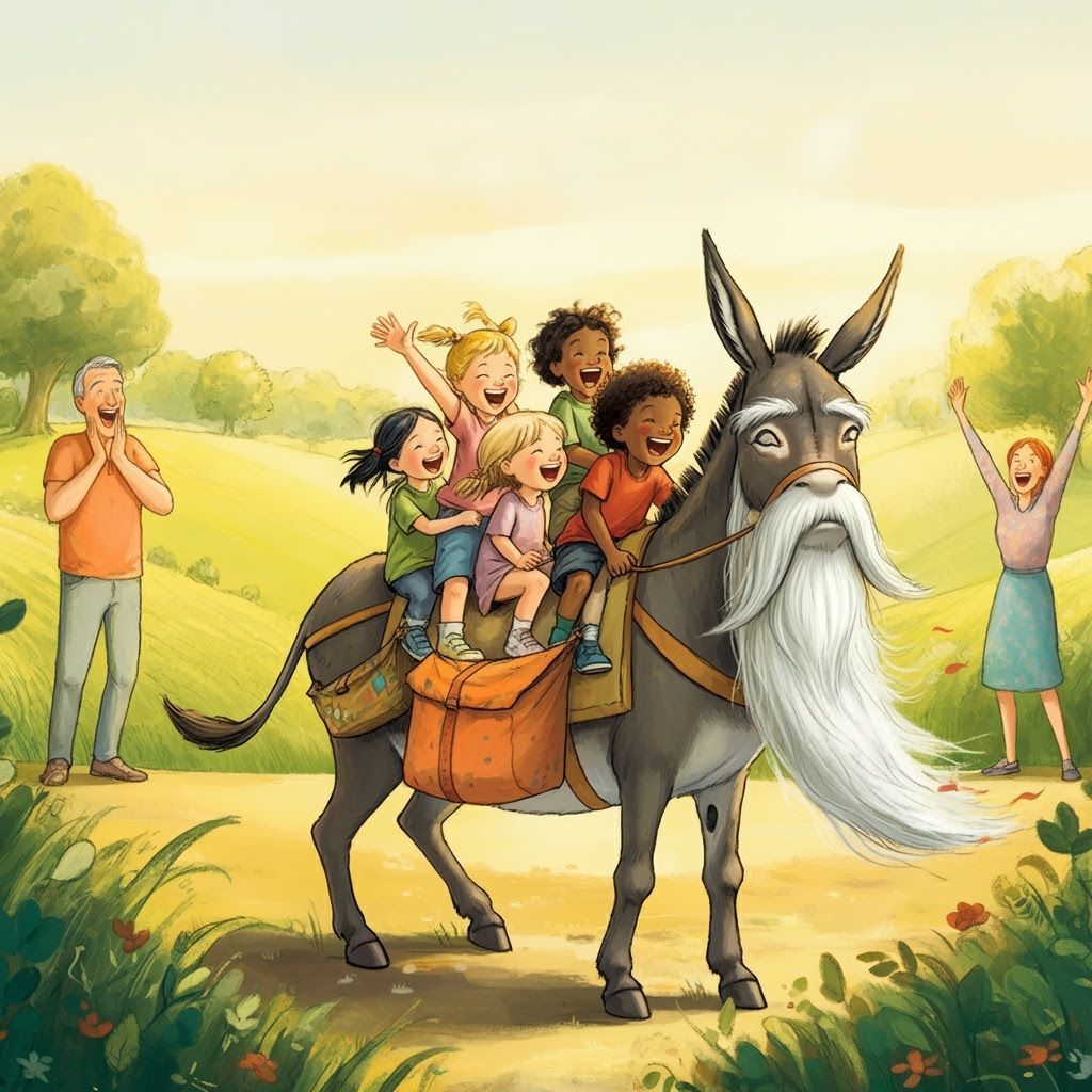 Bearded Donkey Carries Joyful Children in Storybook Style