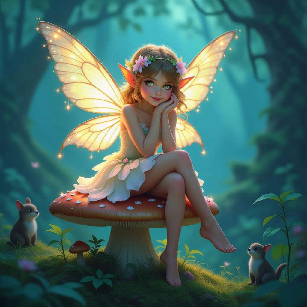 Mischievous Pixie in Bioluminescent Forest