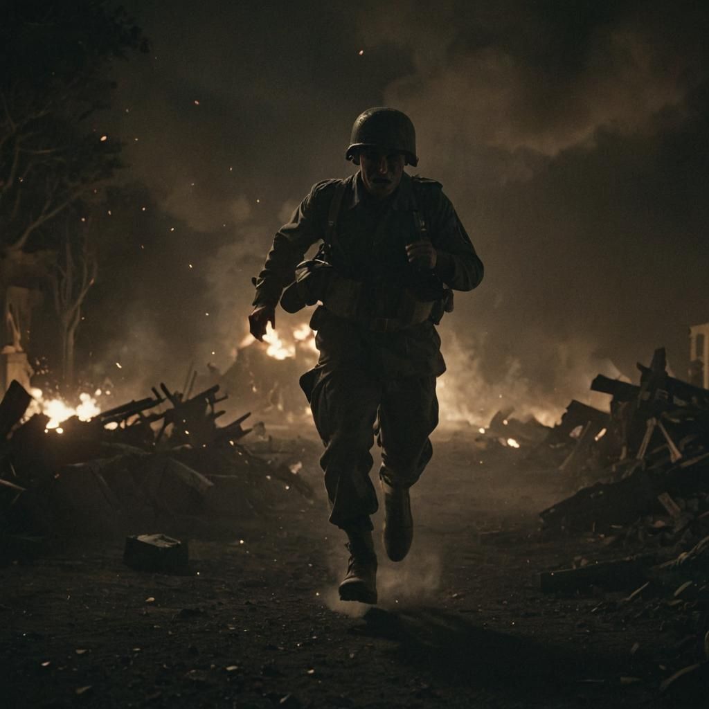 WWII Soldier Silhouetted by Bomb Explosion