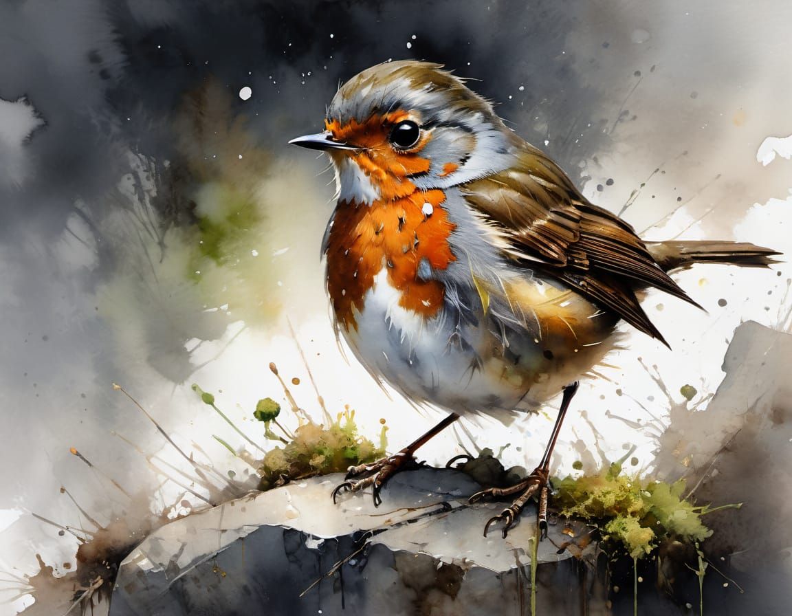 Little Robin Watercolor Portrait in Rustic Fairytale Style