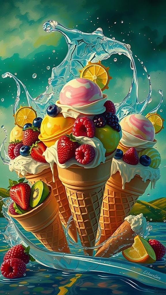 Colorful waffle cones overflowing with scoops of creamy, swirly ice cream, topped with an assortment of fresh, juicy fru...