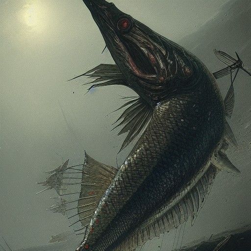 Horror Pike Fish in Engraving Style
