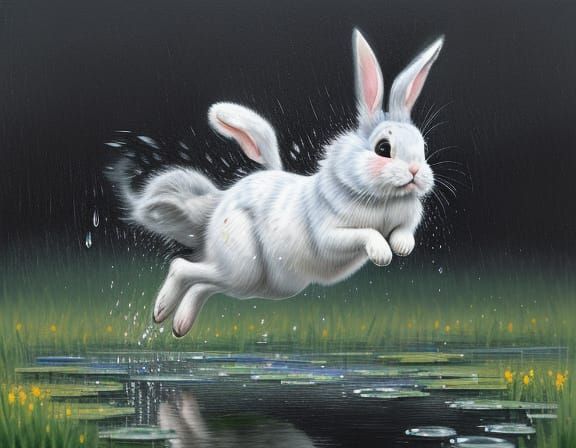 Whimsical Gray Bunny in a Sparkling Puddle Scene