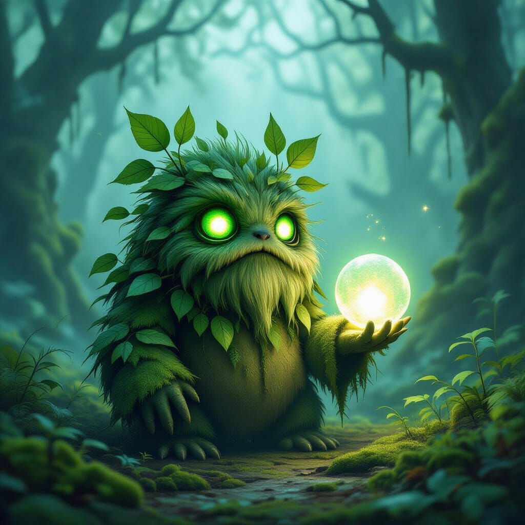 Mossborn Keeper Meets Luminous Orb in Misty Forest